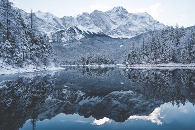 Lake against mountain range