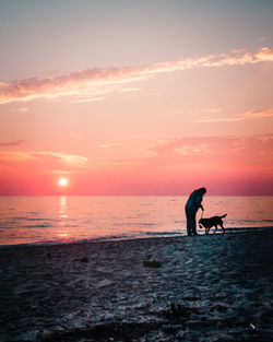 Silhouette woman and dog on beach against sky during sunset