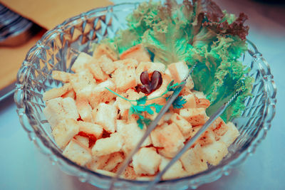High angle view of ice cream in bowl on table