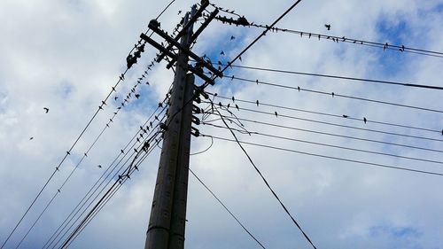 Low angle view of power lines against sky