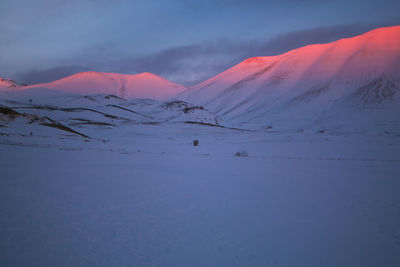 Scenic view of snowcapped mountains against sky during sunset