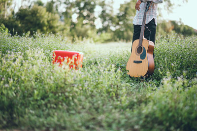 Midsection of man with guitar standing by plants in park