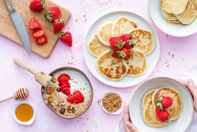 High angle view of breakfast served on table