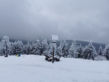 Snow covered field against sky