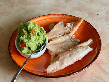 High angle view of food in plate on table