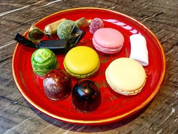 High angle view of fruits in plate on table