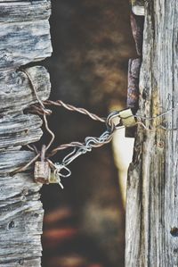 Close-up of padlock on wooden fence