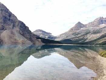 Scenic view of lake surrounded by mountains against sky