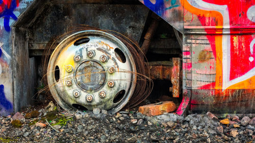 Close-up of abandoned train