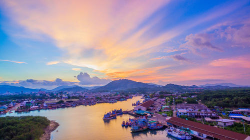 High angle view of marina at sunset