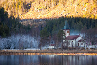 Church at lakeshore against mountain