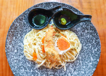 High angle view of breakfast served on table