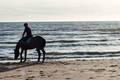 Man riding horse on beach against sky during sunset