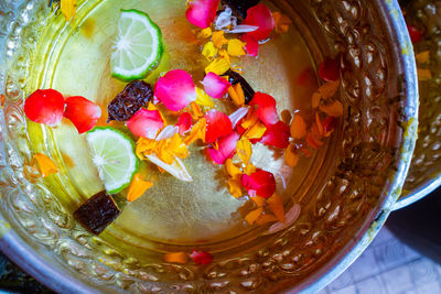 High angle view of candies in glass