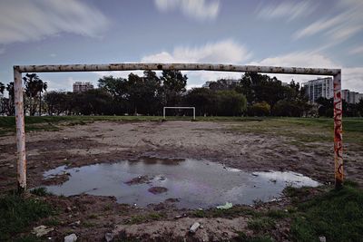 Scenic view of soccer field against sky