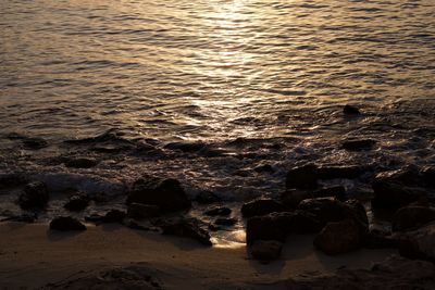 High angle view of rocks on shore at sunset