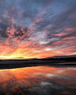 Scenic view of lake against dramatic sky