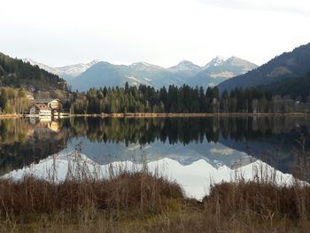 Scenic view of lake and mountains against sky