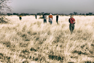 Rear view of people walking on field