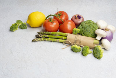 Fruits and vegetables on white background