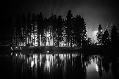 Reflection of trees in lake against sky at night