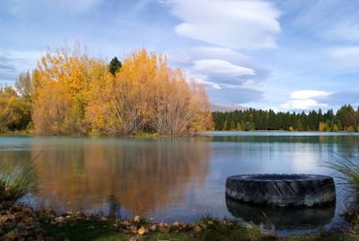 Scenic view of lake against sky during autumn