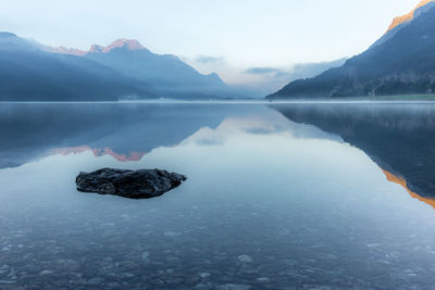 Scenic view of lake and mountains against sky