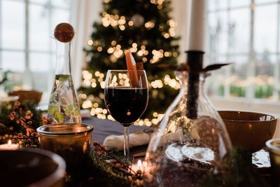 Traditional swedish glogg drink on a decorated table at christmas