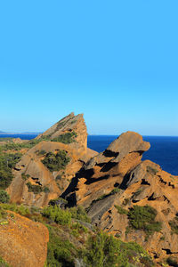 Scenic view of sea against clear blue sky