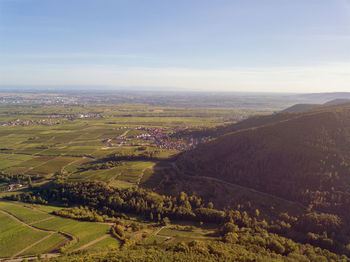 High angle view of agricultural field against sky