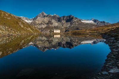 Scenic view of lake and mountains against blue sky