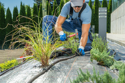 Low section of man working on field