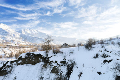 Beautiful winter in the mountains with snow. winter paradise in central asia with frosty conditions. 