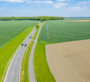 High angle view of agricultural field against sky