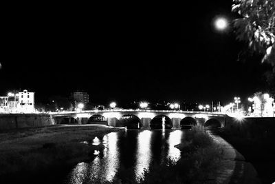 Illuminated bridge over river in city at night