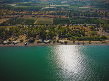 High angle view of sea against mountain