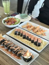 High angle view of sushi in plate on table