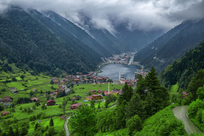High angle view of trees and buildings against sky. landscape in uzungol, turkey