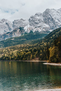 Scenic view of lake by snowcapped mountains against sky