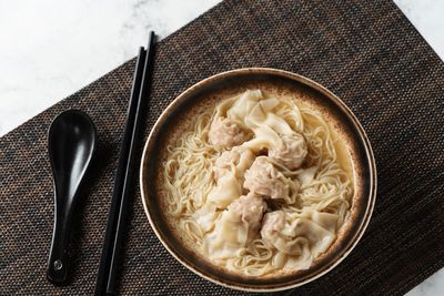 High angle view of noodles in bowl on table