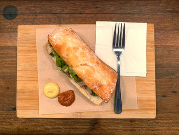 High angle view of breakfast served on table