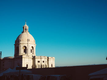 Low angle view of building against clear blue sky