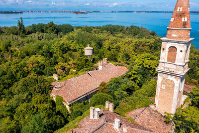 Aerial view of the plagued ghost island of poveglia in venice