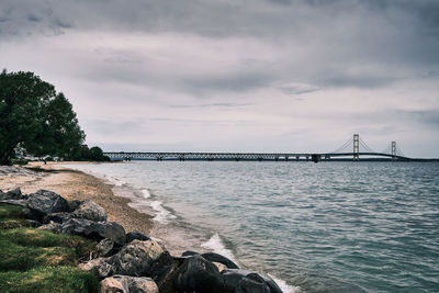 Scenic view of mackinac bridge with beach foreground 