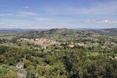 High angle view of houses against sky