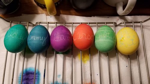 Close-up of multi colored easter eggs on table