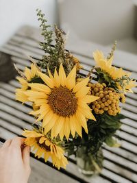 Close-up of hand holding yellow flowering plant