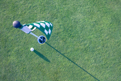 Close-up of ball by flag on golf course