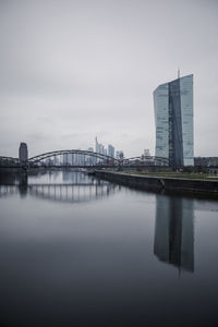 Bridge over river with buildings in background