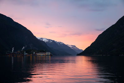 Calm lake against mountain range